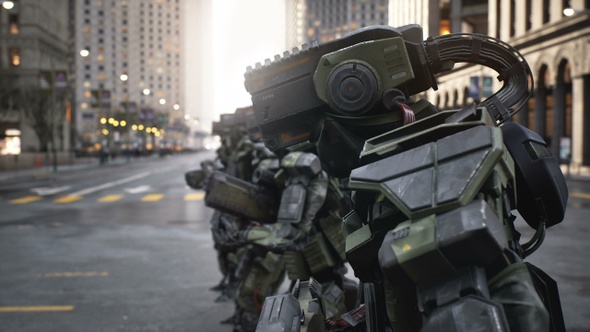 A Squad Of Military Robot Policemen