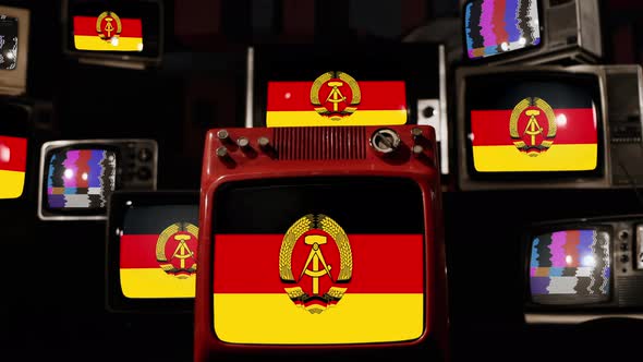Flag Of East Germany on Retro TVs. 4K.