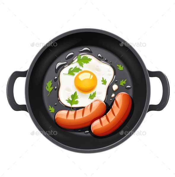 Grilled Egg and Sausage at Frying Pan - Food Objects
