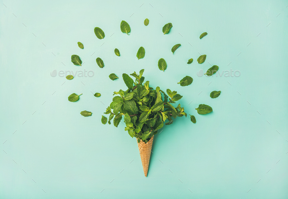Waffle cone with fresh mint over blue background, top view - Stock Photo - Images