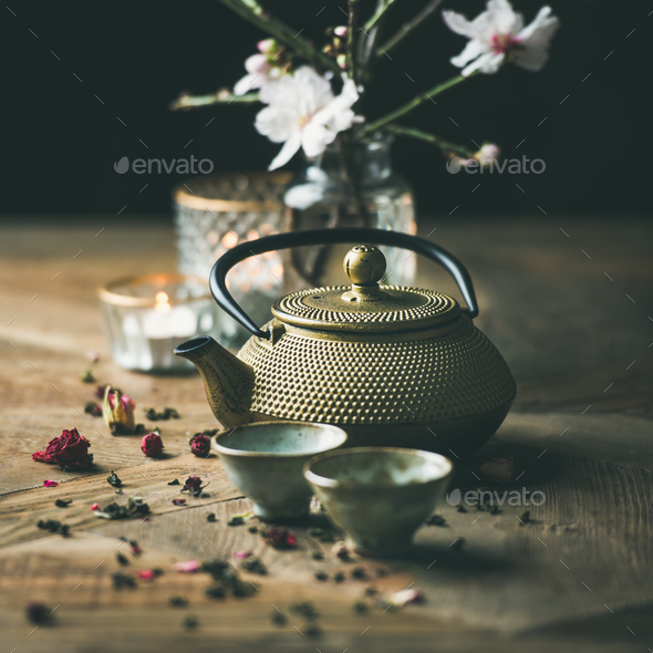 Traditional Asian tea ceremony arrangement over wooden background, square crop - Stock Photo - Images