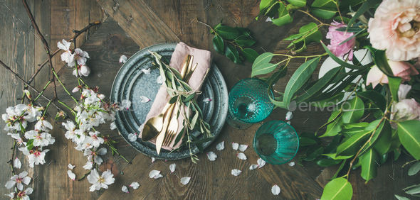 Flat-lay of Table setting with spring flowers - Stock Photo - Images