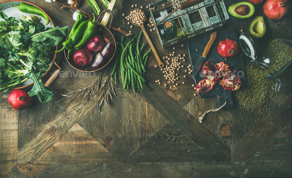Winter vegetarian or vegan food cooking ingredients, copy space - Stock Photo - Images