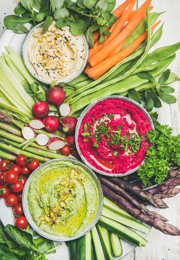 Healthy summer vegan snack plate for vegetarian party, top view - Stock Photo - Images