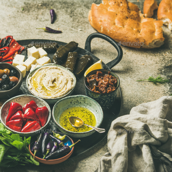 Mediterranean meze starter fingerfood platter, square crop - Stock Photo - Images