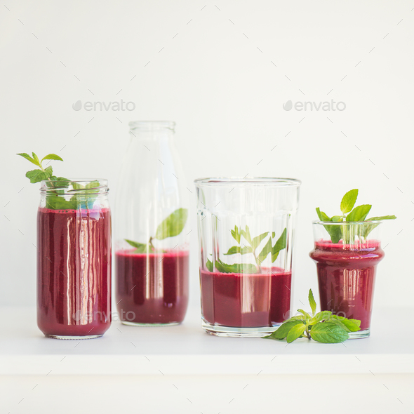 Fresh morning beetroot smoothie or juice in glasses, square crop - Stock Photo - Images