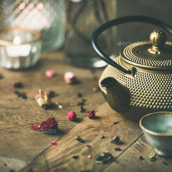 Traditional Asian tea ceremony arrangement over wooden background, square crop - Stock Photo - Images