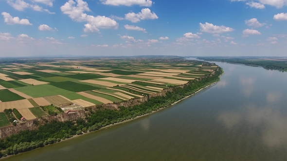 Aerial View of Fields and Danube River in Serbia alt