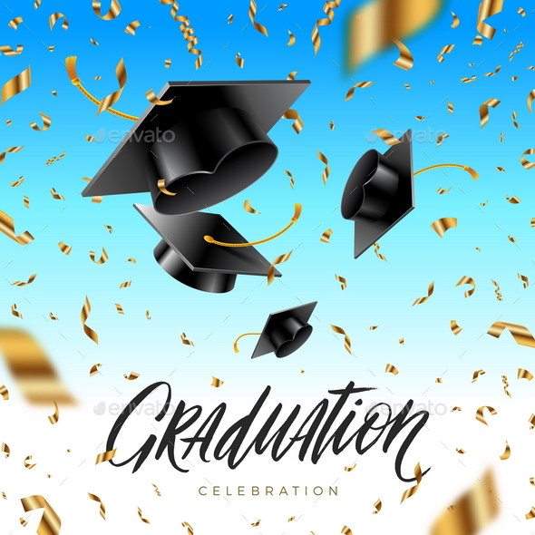 Graduation Cap Thrown up and Golden Foil Confetti - Miscellaneous Conceptual