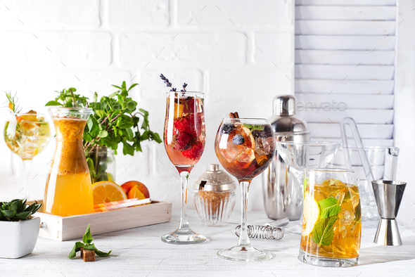 Set of classic cocktails with Bar accessories on white wooden backgorund - Stock Photo - Images