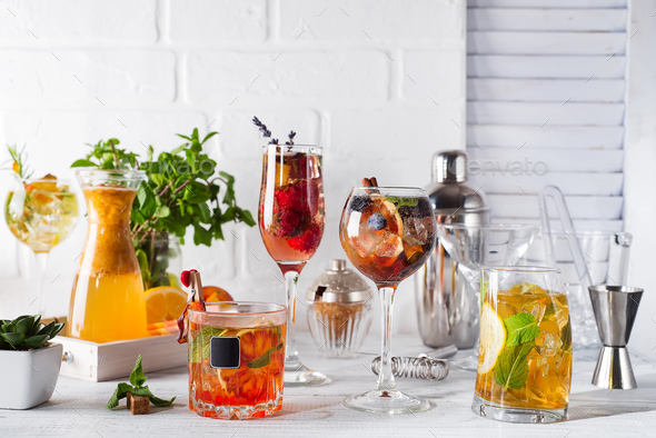 Set of classic cocktails with Bar accessories on white wooden backgorund - Stock Photo - Images
