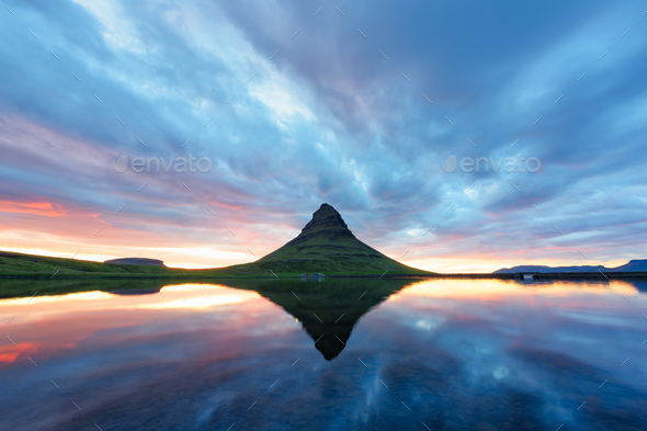 Colorful sunrise on Kirkjufellsfoss waterfall - Stock Photo - Images