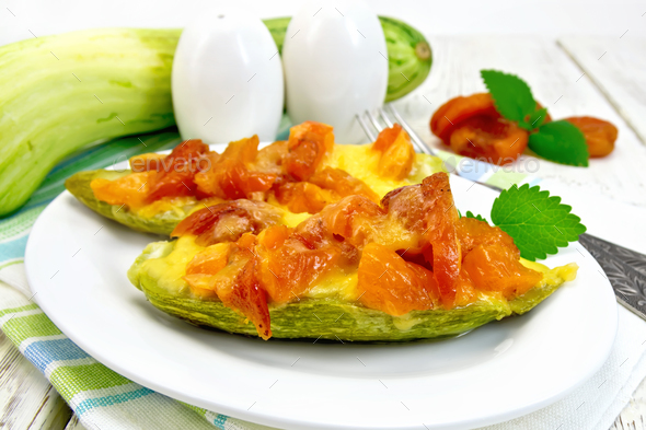 Courgettes in spicy sauce on napkin - Stock Photo - Images
