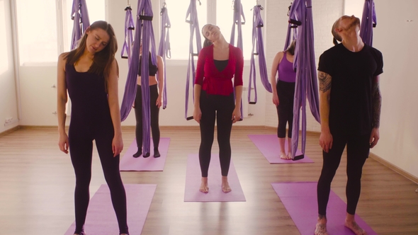 Aerial Yoga in Gym. Pre Exercises