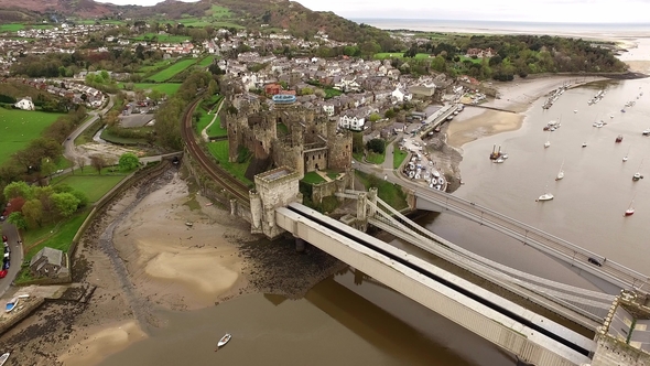 Aerial View of the Historic Town of Conwy with It's Medieval Castle - Wales - United Kingdom alt