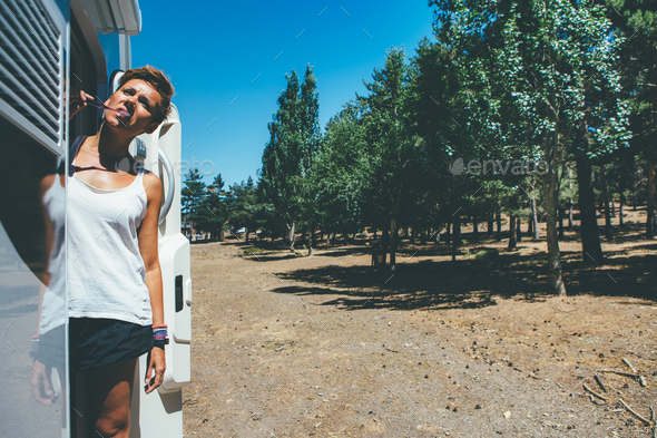 Brushing teeth in a motor home - Stock Photo - Images