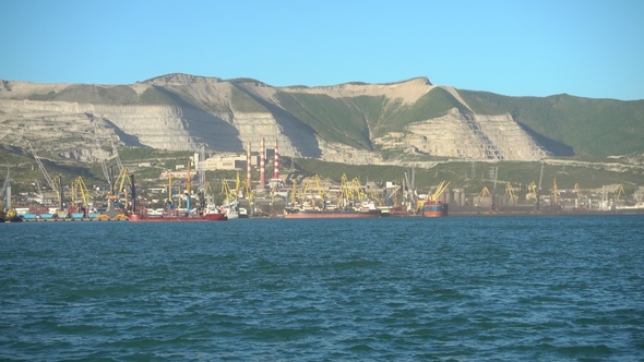 Large Russian Port, Cargo and Oil Terminal. The Ship Enters the Port