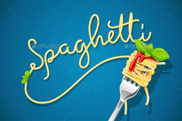 Spaghetti at Fork with Basil and Sauce - Food Objects
