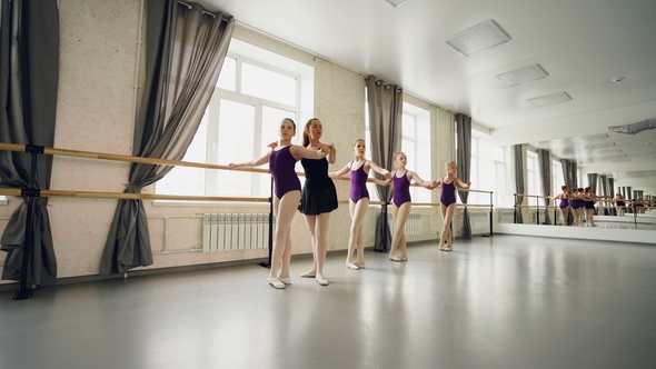 Young Students of Ballet School Are Practising Basic Positions alt