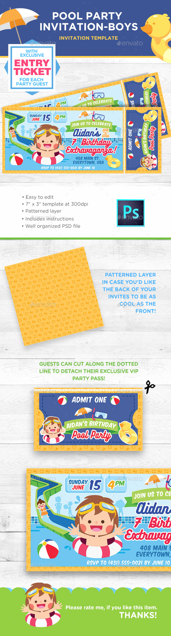 Pool Party Birthday Invitation for Boys - Birthday Greeting Cards