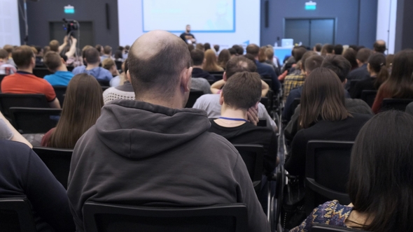 Listening to Speech about Marketing and Management of Company for Successful Sales alt