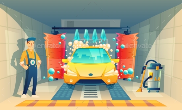 Vector Automatic Car Washing Service with Worker - People Characters