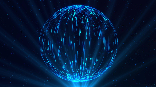 Abstract Sphere of Blue Particles with Light Rays