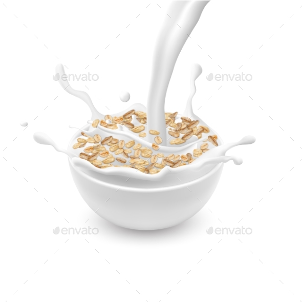 Vector Bowl with Oat Flakes and Pouring Milk - Food Objects