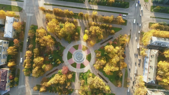 Square Around the Fountain at Sunny Autumn Day. Aerial View of Yoshkar-Ola, Russia