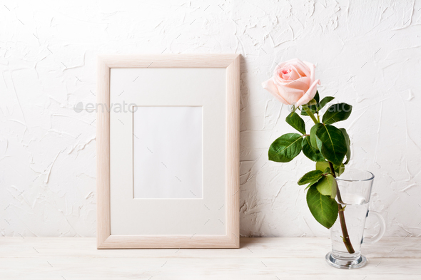 Wooden frame mockup with pink rose - Stock Photo - Images
