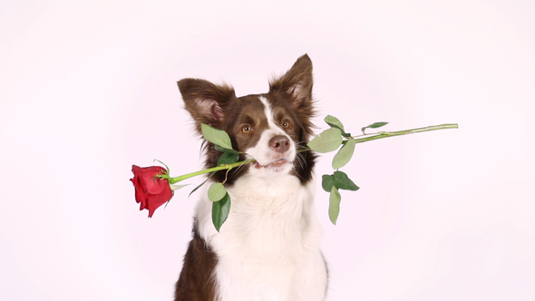 Portrait of Border Collie Dog With Red Rose in Her Mouth