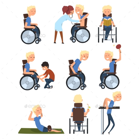 Man in Wheelchair in Different Situations Set - Health/Medicine Conceptual