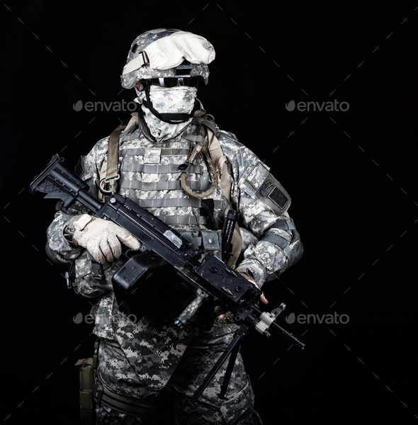 United States marines machine gunner studio shot - Stock Photo - Images