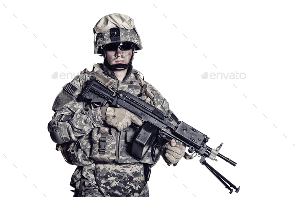 Marines corps fighter with machine gun studio shot - Stock Photo - Images