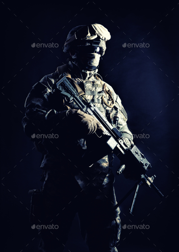 United States Marines machine gunner night shot - Stock Photo - Images