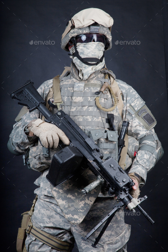 United States marines machine gunner studio shot - Stock Photo - Images
