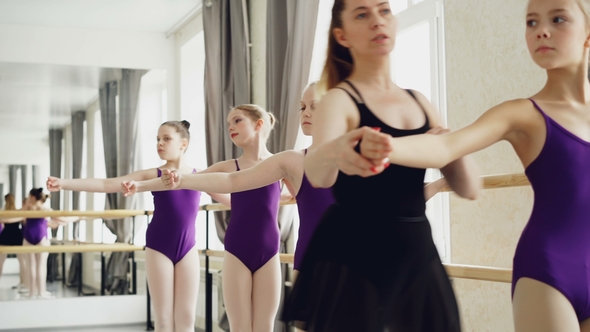 Starting Ballet Dancers Are Practising Arm Movements During Ballet Class in Studio alt