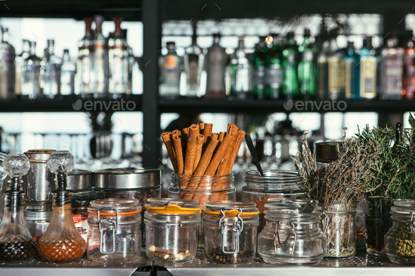Cinnamon with cocktail ingredients - Stock Photo - Images