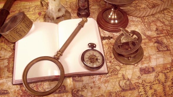 Still Life Map Vintage Still Life on an Old Map in 1565., Stock Footage | VideoHive