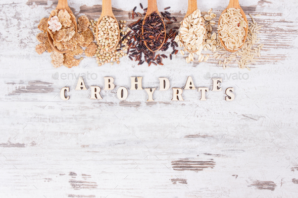Inscription carbohydrates and food containing minerals and dietary fiber, copy space for text - Stock Photo - Images