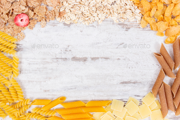 Frame of natural food containing carbohydrates, minerals and dietary fiber - Stock Photo - Images