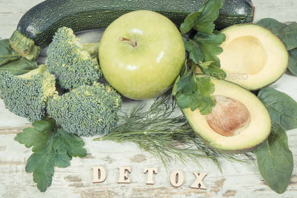 Vintage photo, Inscription detox with natural green ingredients as source vitamins and minerals - Stock Photo - Images