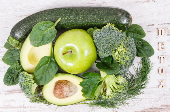 Inscription detox with natural green ingredients as source vitamins and minerals - Stock Photo - Images