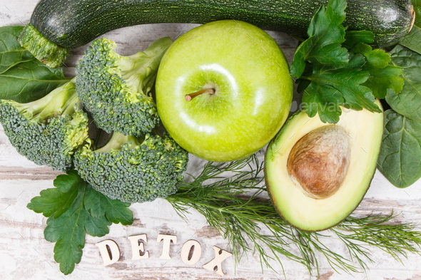 Inscription detox with fruits and vegetables containing natural minerals, vitamins and fiber - Stock Photo - Images