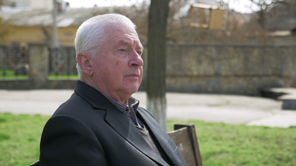 Wise Man Sitting and Thinking About His Long Life in a Green Alley in Spring