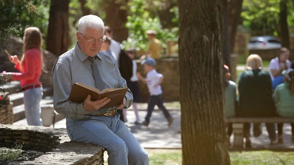 Wise White-haired Man in Glasses Sits and Reads in a Street in Summer