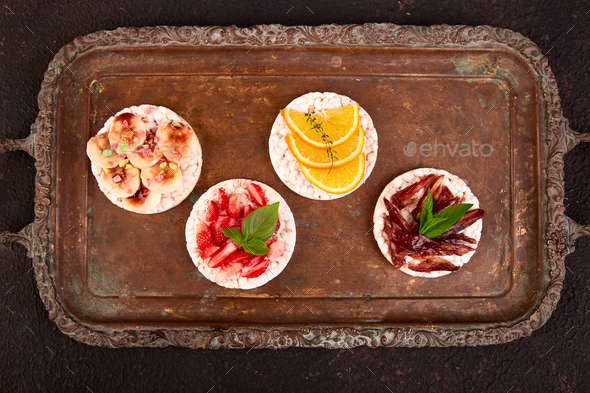 Snack with rice crispbread and fresh fruits - Stock Photo - Images