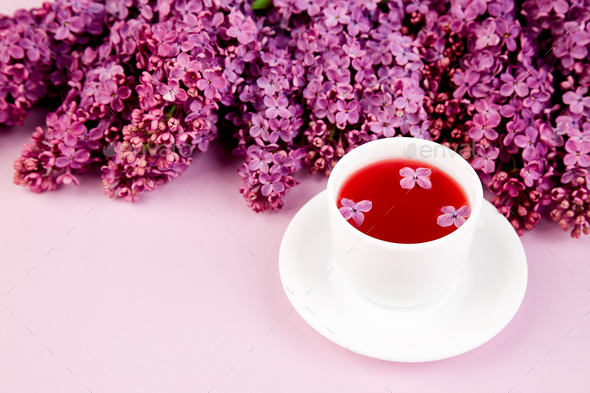 Cup of tea and bouquet lilac - Stock Photo - Images