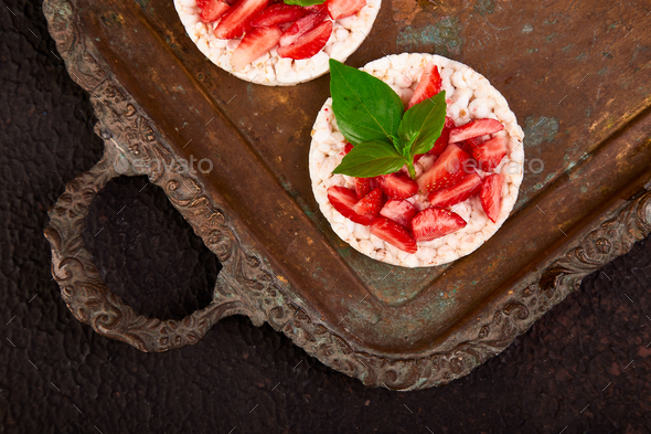 Snack with rice crispbread and fresh fruits - Stock Photo - Images