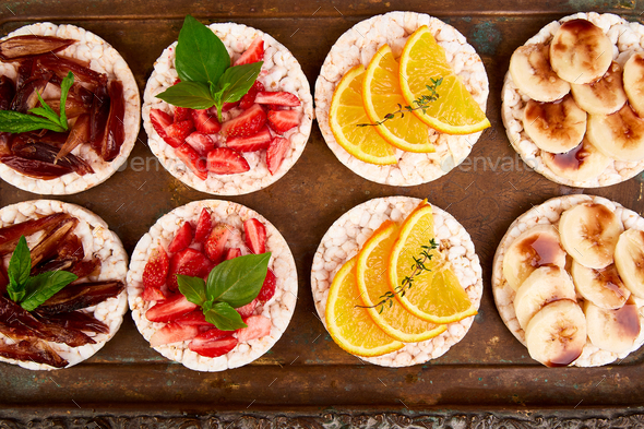 Snack with rice crispbread and fresh fruits - Stock Photo - Images